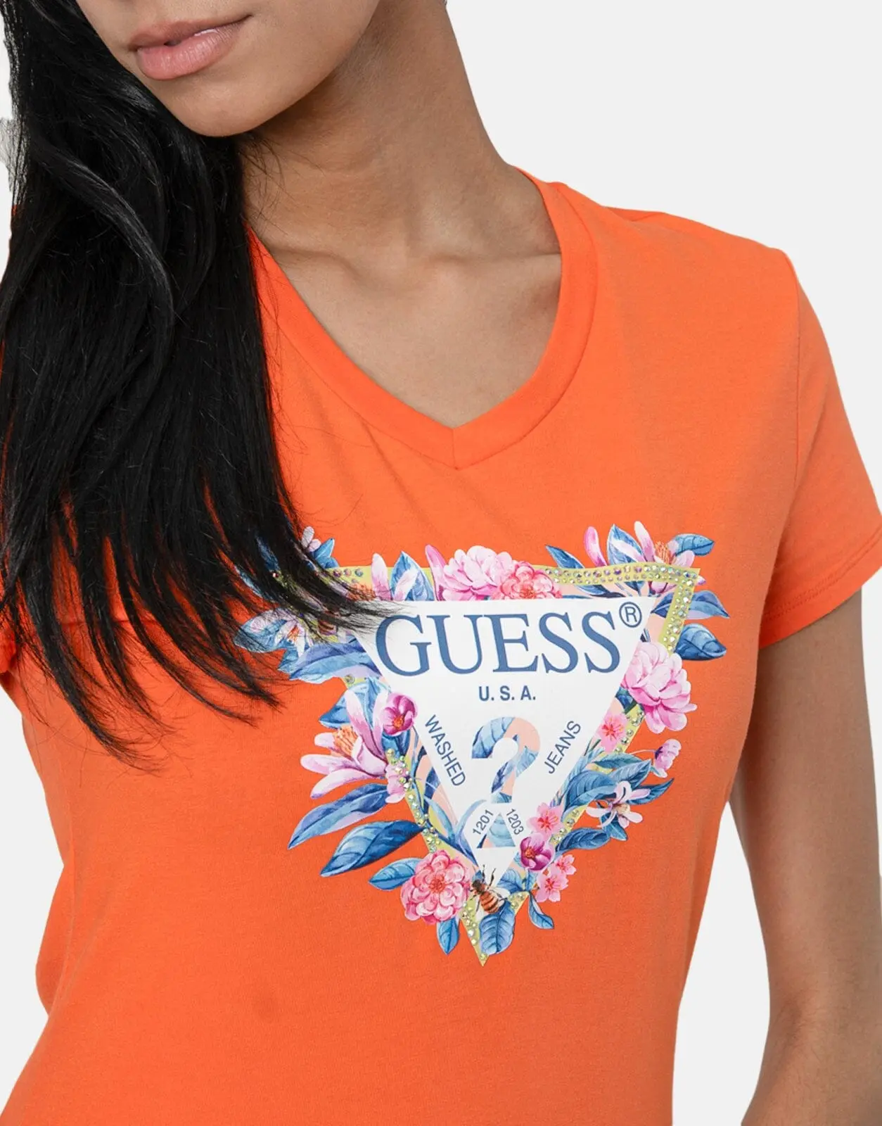 Guess Floral Tri T-Shirt Orange - Image 3